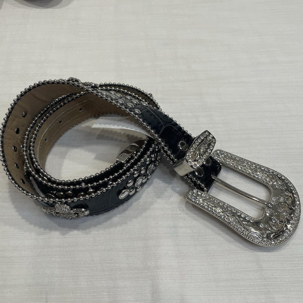 Blazin Roxx Womens Black Leather Rhinestone Western Belt Fleur De Lis 46in